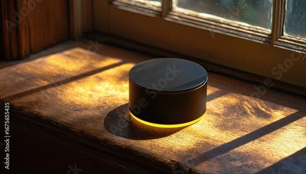 Fototapeta A dark, round device sits on a windowsill, bathed in warm sunlight