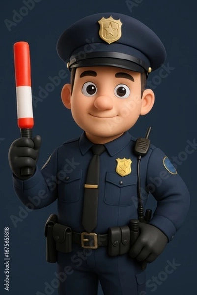 Fototapeta Cheerful 3D Cartoon Police Officer Holding Traffic Baton with Friendly Expression