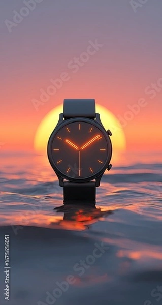 Fototapeta A modern watch rests on the water's surface, bathed in the warm hues of a sunset. 