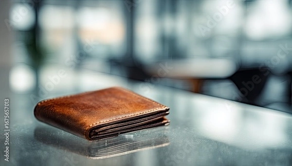 Fototapeta A brown leather wallet rests on a clear surface,  blurred cafe background