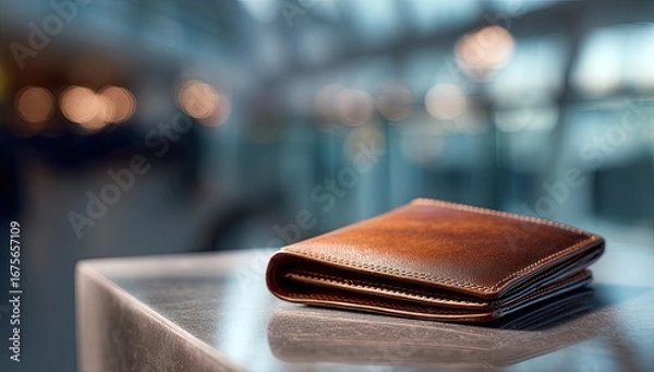 Fototapeta A closed brown leather wallet rests on a smooth, light gray surface, softly blurred background of an airport or train station concourse