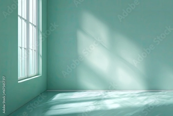 Fototapeta Empty mint green room with large window. Sunlight casts shadows on the walls and floor