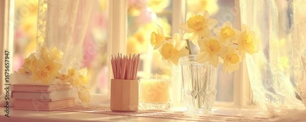 Fototapeta Daffodils by Window with Books and Candle