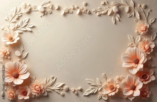 Fototapeta Delicate floral border frame with embossed pastel peach flowers, leaves on textured paper background. Design perfect for wedding invitations, greeting cards, vintage-inspired scrapbooking projects.