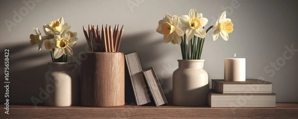 Fototapeta Daffodils in Vase with Books and Candle