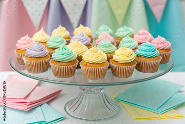 Fototapeta Festive Cupcakes with Pastel Frosting on a Tiered Cake Stand with Bunting dessert sweet