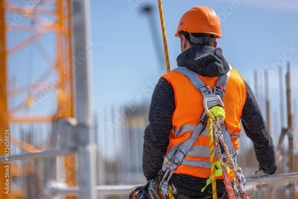 Fototapeta Construction worker at new site wearing safety gear while preparing for operation in a gigapixel standard environment during a clear day in daylight hours