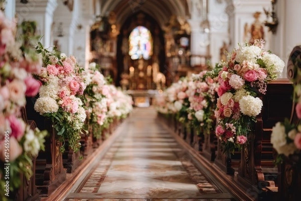Fototapeta Beautiful wedding flower decorations enhancing the aisle in an elegant church setting, capturing the romance of the moment during a joyful ceremony