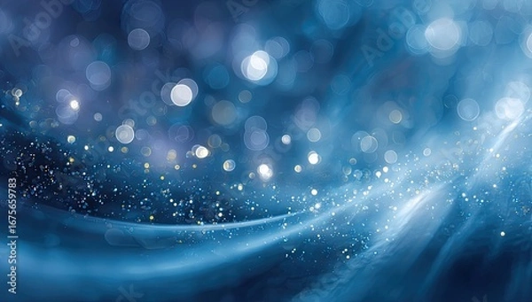 Fototapeta Abstract, blue, glittering background with soft, flowing lines and bokeh