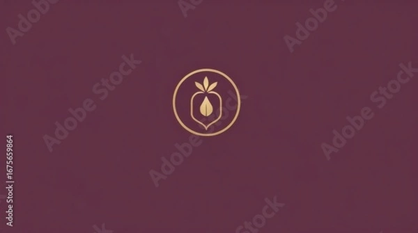 Obraz Golden Leaf & Drop Logo: Elegant gold logo design featuring a leaf and droplet within a circle on a deep maroon background. Perfect for branding in health, beauty, or nature-related businesses.