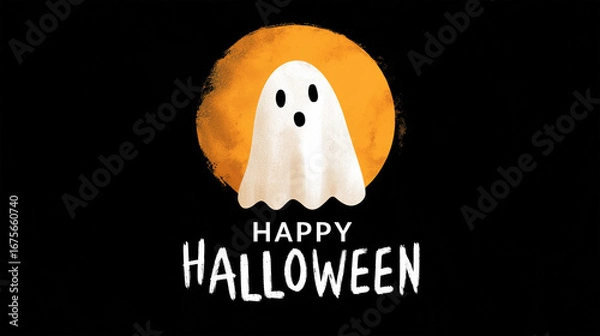 Fototapeta Spooky Greetings: A whimsical Halloween graphic with a friendly ghost against an orange moon, the perfect imagery for invitations, greeting cards, or festive social media posts. 