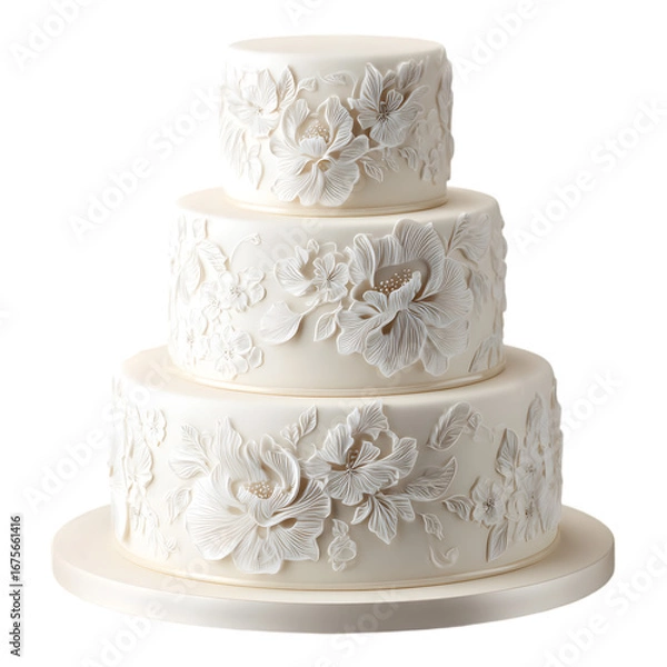 Fototapeta Elegant three tiered white wedding cake adorned with intricate floral frosting details isolated on transparent background