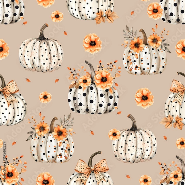 Fototapeta Watercolor Pumpkins with  Flowers and leaves seamless pattern