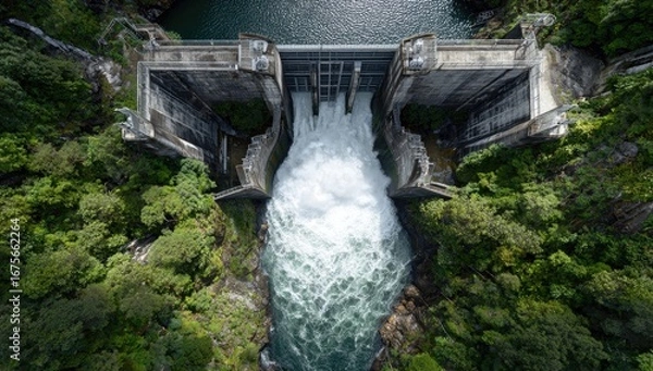 Fototapeta Aerial view of a dam releasing water. Powerful, rushing water flows from a concrete dam structure into a river valley, surrounded by lush green forest and a calm lake