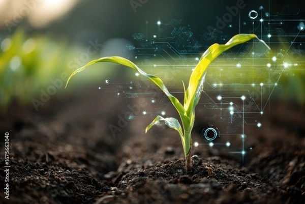 Fototapeta Maize seedling grows in cultivated soil with advanced agricultural technology enhancements promoting growth during the early morning hours of the planting season