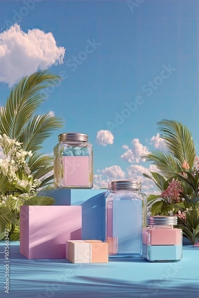 Fototapeta Pastel-toned jars and boxes on a light blue surface, bathed in sunlight, against a vibrant sky filled with fluffy clouds and tropical foliage