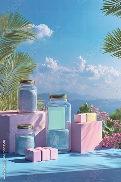 Fototapeta Pastel-toned jars and boxes on tiered platforms, bathed in sunlight, against a backdrop of tropical foliage and a bright sky
