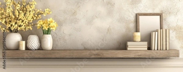 Fototapeta Shelf with Flowers Book and Frame