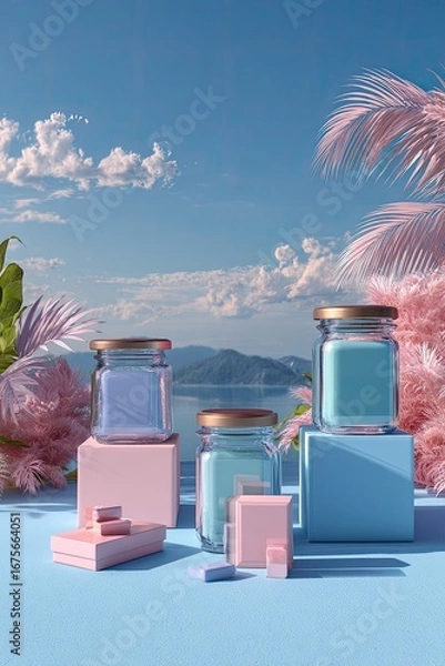 Fototapeta Pastel-colored jars and boxes on pastel-hued platforms against a serene sky and water scene