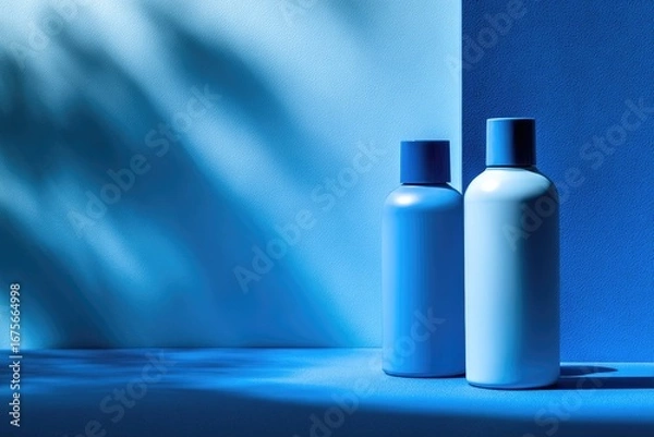 Fototapeta Two light-blue cosmetic bottles, a larger and a smaller one, on a vibrant blue surface, illuminated by dappled sunlight, creating a soft-shadow effect