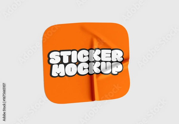 Fototapeta Realistic 3D Orange Square Sticker Mockup with Wrinkles
