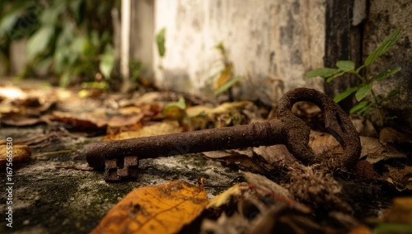 Fototapeta Rusty key lies amidst fallen leaves and moss on a weathered stone surface