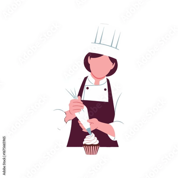 Obraz A female chef in a professional uniform decorates a cupcake with a piping bag.