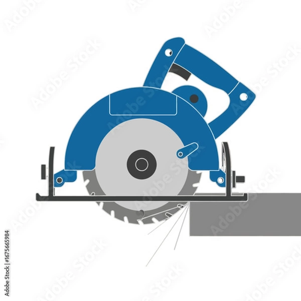Obraz A technical illustration of a circular saw cutting a piece of wood, showcasing the saw's blue body and gray blade.
