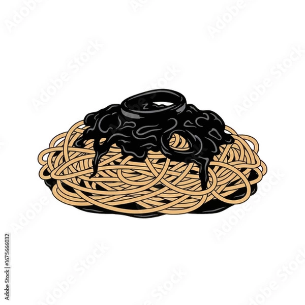Obraz A stylized illustration of a generous heap of pasta noodles drenched in a dark, rich sauce, creating a visually appealing and appetizing image.