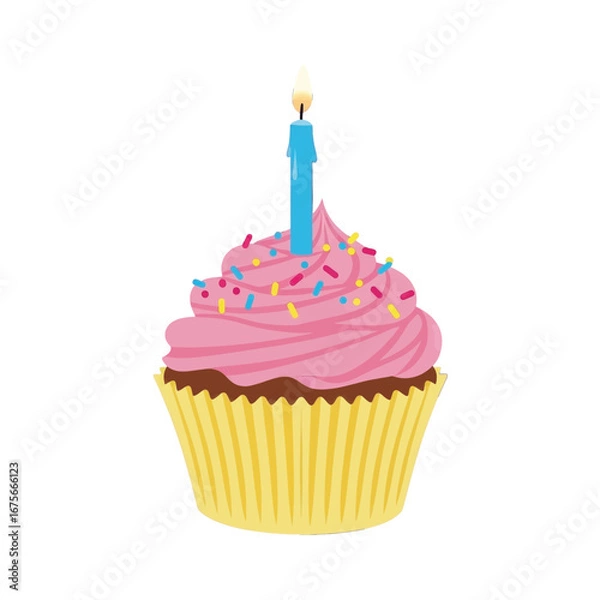 Obraz A single, festive cupcake with pink frosting, colorful sprinkles, and a lit blue candle, perfectly capturing a celebratory moment.
