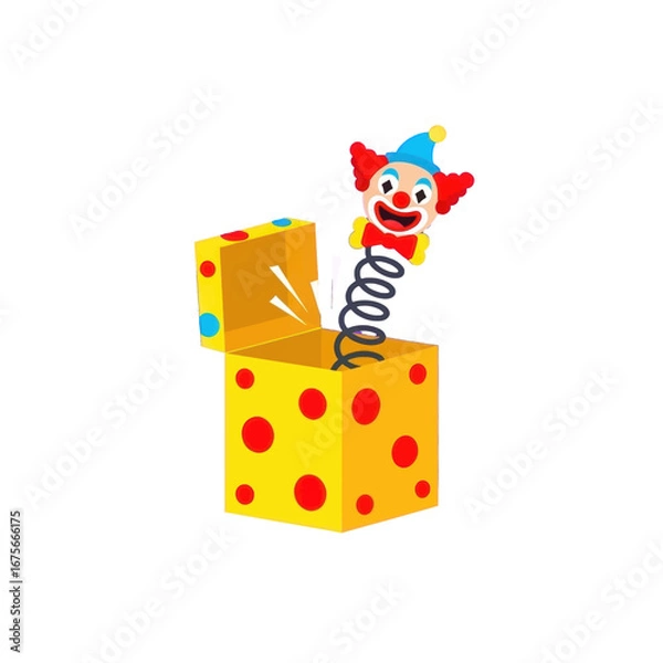 Obraz A cheerful clown pops out of a yellow toy box with red polka dots.