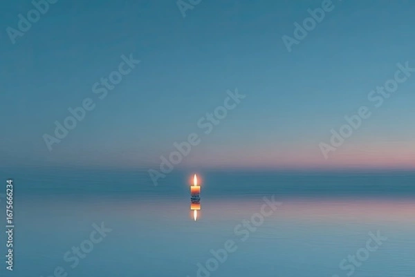 Fototapeta A single candle flame, reflecting on a calm water surface, bathed in a soft twilight sky
