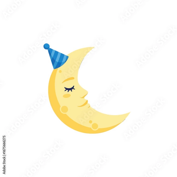 Obraz A charming illustration of a crescent moon, wearing a party hat and appearing to sleep peacefully.