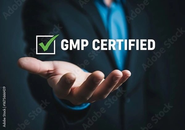 Fototapeta Hand presenting green checkmark gmp certification gmp certified