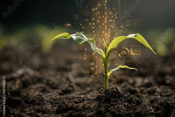 Fototapeta Maize seedling growing in nutrient-rich soil with digital technology elements highlighting agricultural innovation