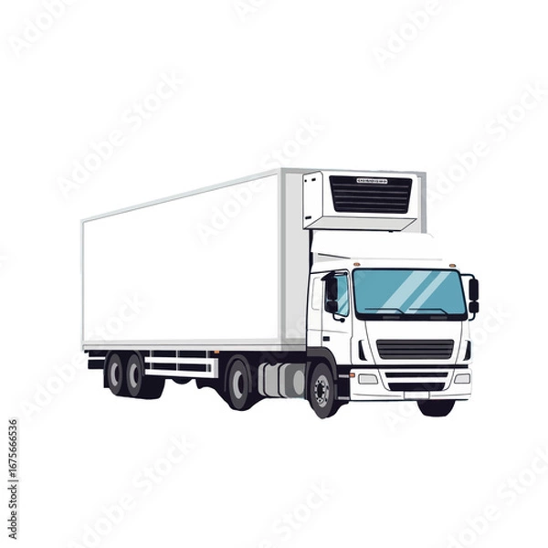 Obraz A white refrigerated semi-truck, angled, is presented against a pure black background.  The truck is depicted in a simple, cartoonish style, with a large refrigerated compartment and a prominent cab.