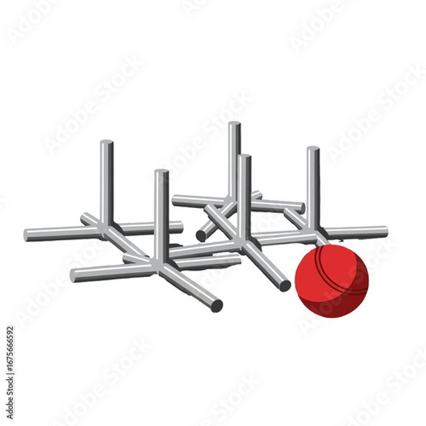 Obraz A stylized illustration of metal poles arranged in a complex pattern, with a red ball positioned amidst them.