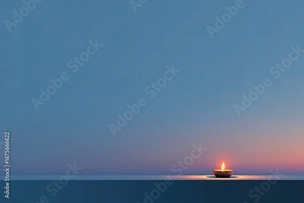 Fototapeta A warm, golden candle flame in a small, shallow bowl, against a serene gradient sky