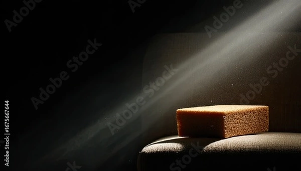 Fototapeta A light-brown sponge rests on a tan armchair, bathed in dramatic light rays from an unseen source