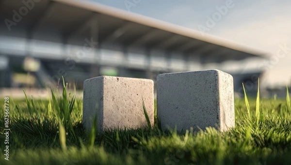 Fototapeta Two light gray, square concrete blocks sit in a grassy field, in front of a modern stadium