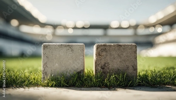Fototapeta Two light gray concrete blocks, situated on a grassy field at the edge of a stadium
