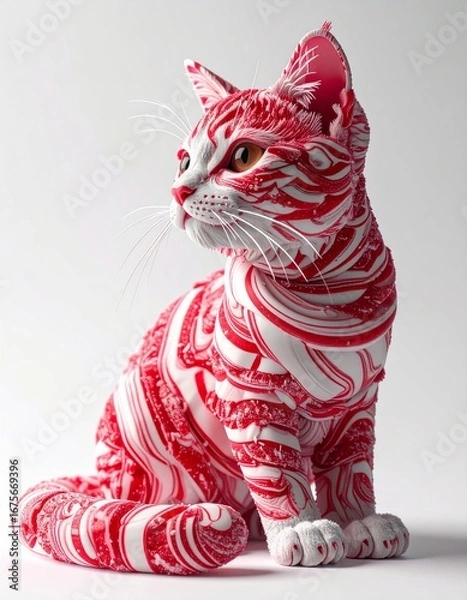 Fototapeta Candy cat Figurine with Red and White Peppermint Swirls on White Background