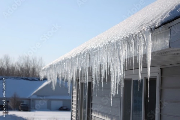 Fototapeta Preventing ice dams on roofs through effective insulation and ventilation strategies during winter seasons