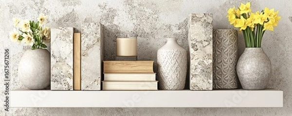 Fototapeta Shelf with Vases Books and Candle