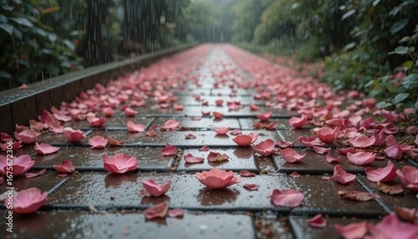 Fototapeta Soft Rain on Rose Petals Scattered on Stone Path