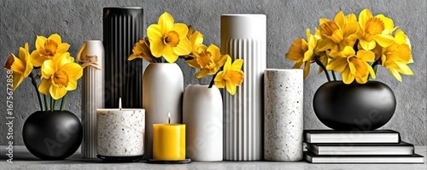 Fototapeta Yellow Daffodils in Vases with Candles and Books