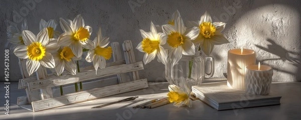 Fototapeta Daffodils and Candles in Sunlight