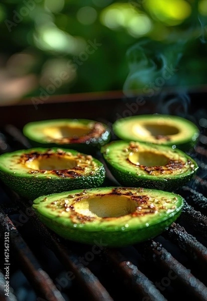 Fototapeta Four halved avocados being grilled with visible grill marks and smoke rising, set against a blurred green background, evoking a fresh and appetizing outdoor cooking scene