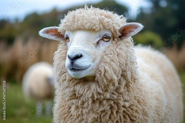 Fototapeta Close-up of a fluffy sheep with curly wool standing alert in a green outdoor field with blurred natural background