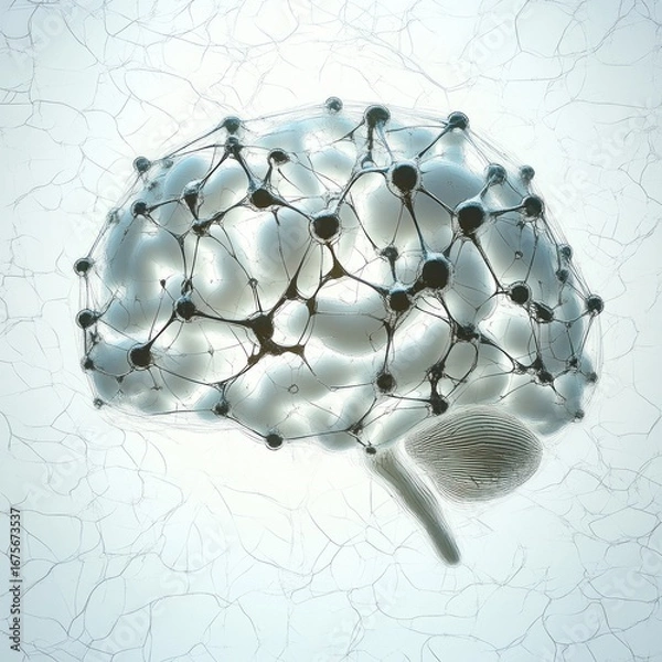 Fototapeta Translucent human brain with interconnected Neural network nodes in a glowing ethereal environment symbolizing thought and connectivity